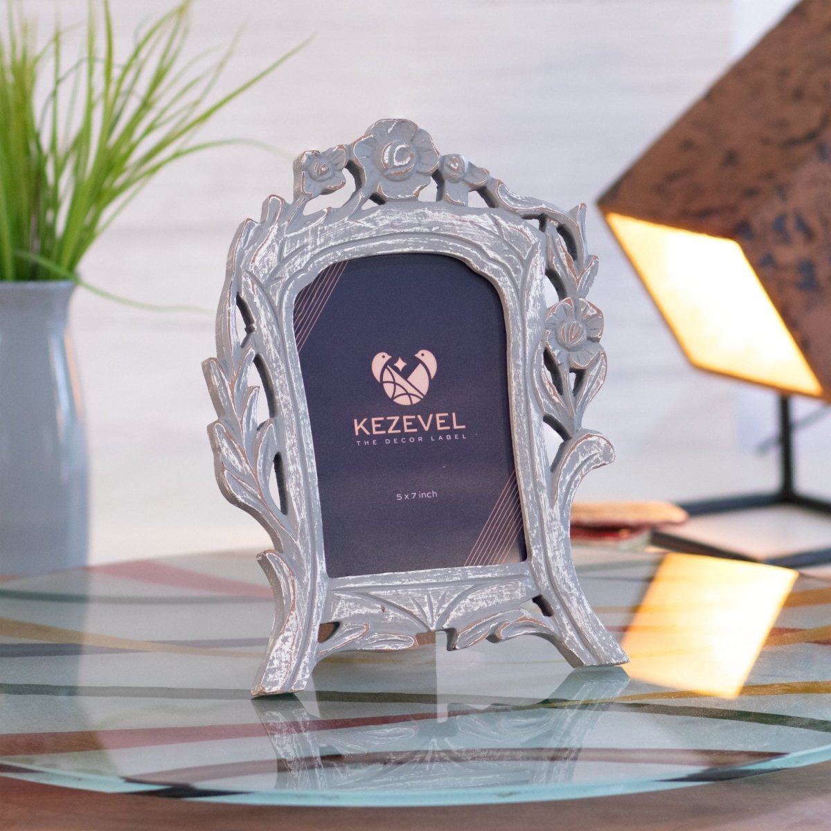 Kezevel Carved Wooden Photo Frames - Artistic Rectangle Photo Frame for Table in Grey White Finish for Picture Size 5X7 inch