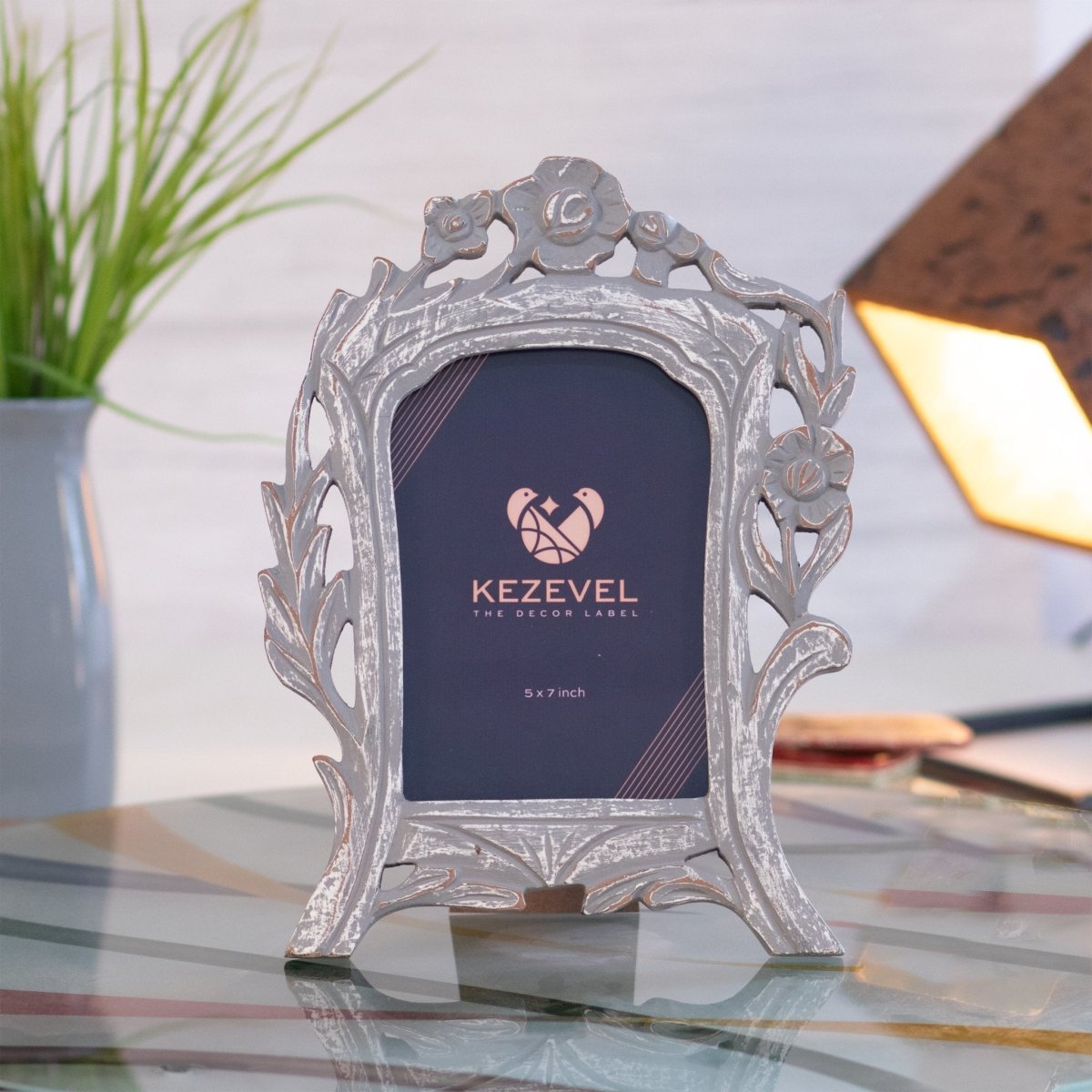Kezevel Carved Wooden Photo Frames - Artistic Rectangle Photo Frame for Table in Grey White Finish for Picture Size 5X7 inch