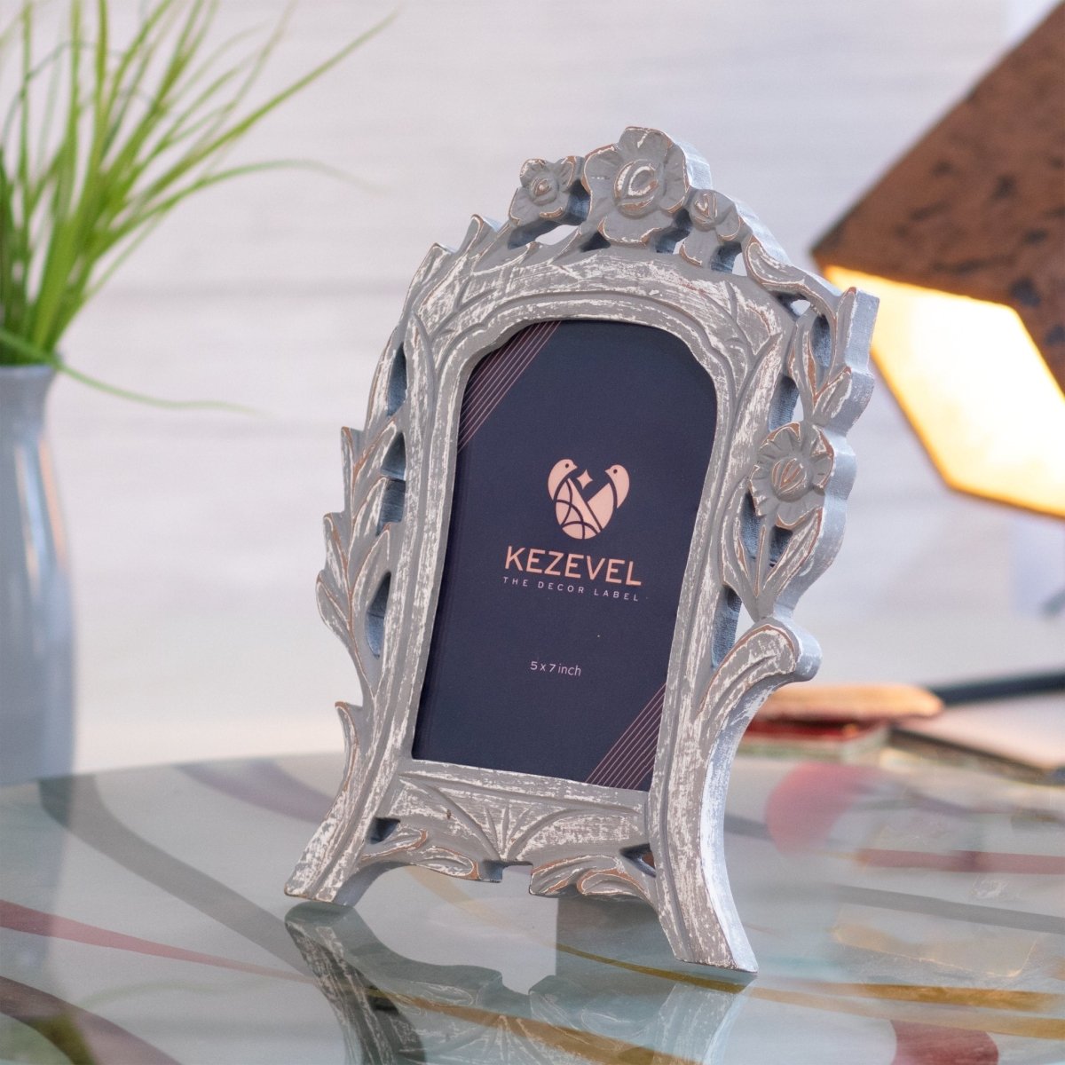 Kezevel Carved Wooden Photo Frames - Artistic Rectangle Photo Frame for Table in Grey White Finish for Picture Size 5X7 inch