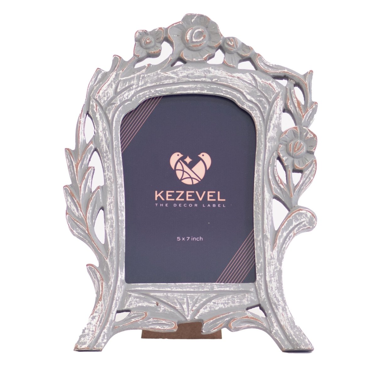 Kezevel Carved Wooden Photo Frames - Artistic Rectangle Photo Frame for Table in Grey White Finish for Picture Size 5X7 inch