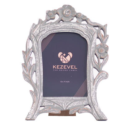 Kezevel Carved Wooden Photo Frames - Artistic Rectangle Photo Frame for Table in Grey White Finish for Picture Size 5X7 inch