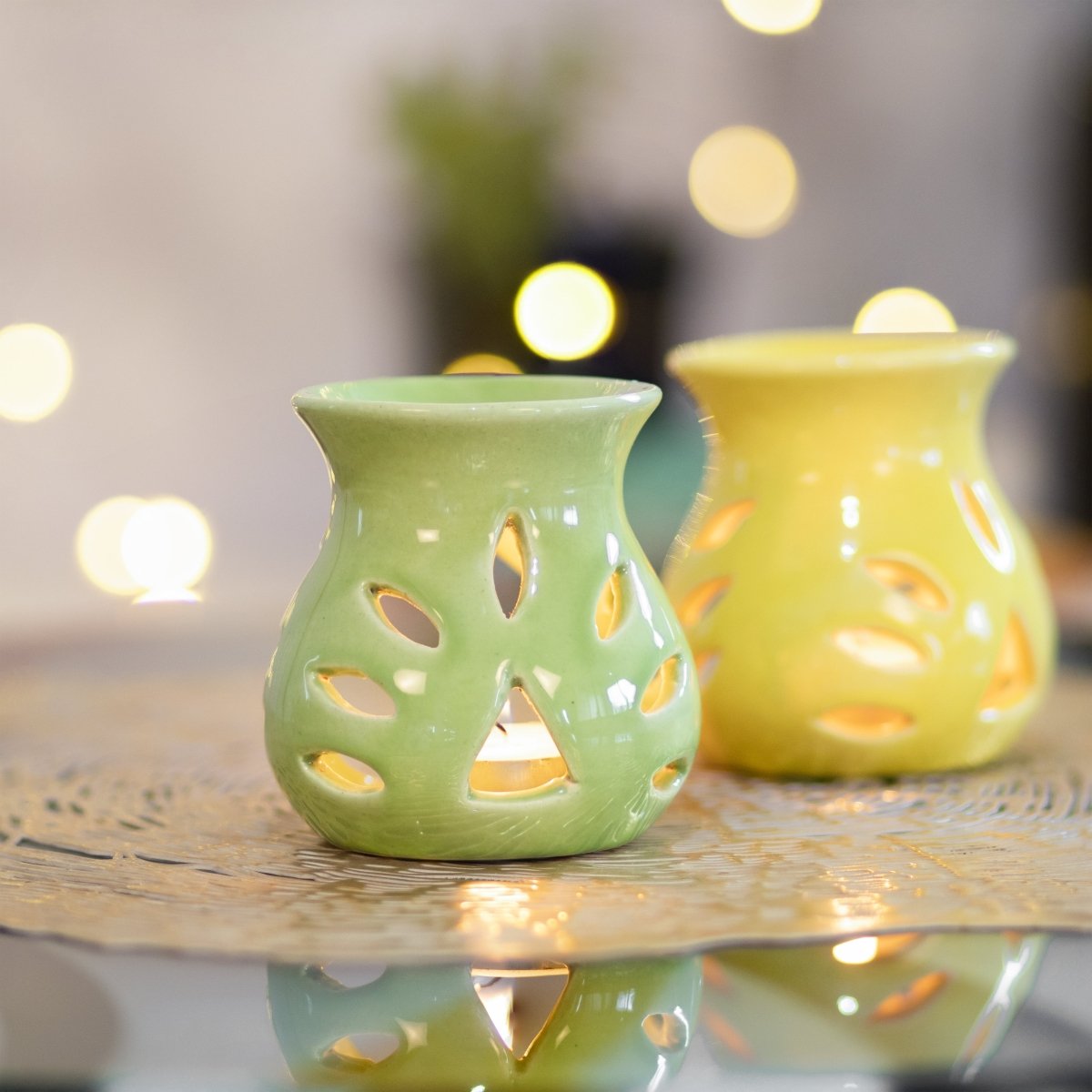 Kezevel Ceramic Tealight Candle Aroma Burner - Set of 2 Handcrafted Aroma Diffuser with Tealight Candle for Home Decoration