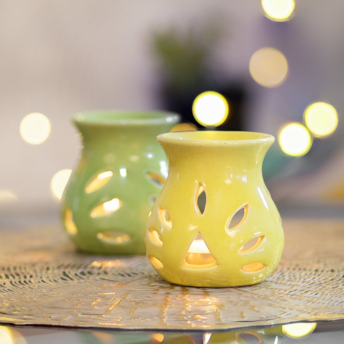 Kezevel Ceramic Tealight Candle Aroma Burner - Set of 2 Handcrafted Aroma Diffuser with Tealight Candle for Home Decoration