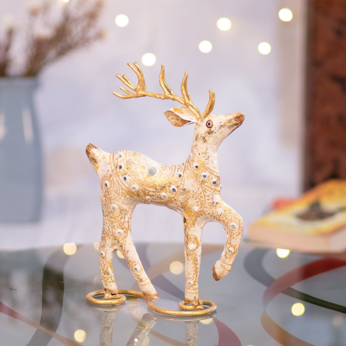 Kezevel Christmas Decoration Reindeer Statue - White and Golden Metal Deer Showpiece for Home Decor, Xmas, Reindeer Figurine