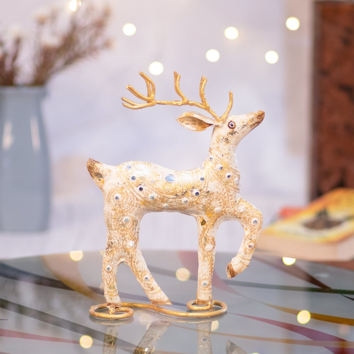 Kezevel Christmas Decoration Reindeer Statue - White and Golden Metal Deer Showpiece for Home Decor, Xmas, Reindeer Figurine
