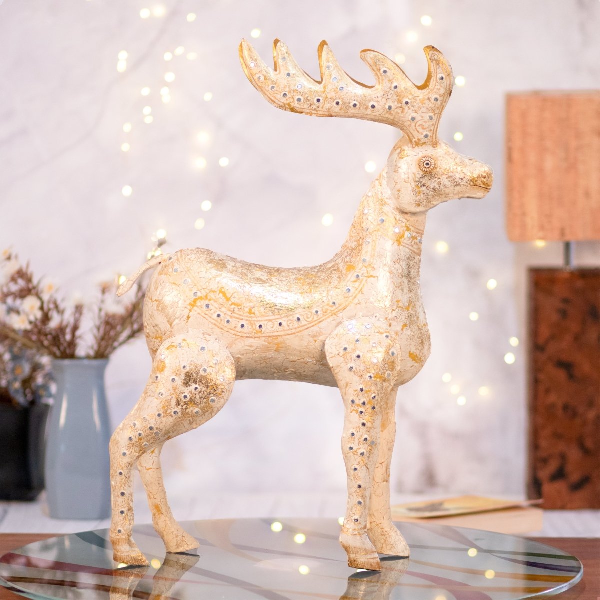 Kezevel Christmas Decoration Reindeer Statue - Artistic White and Golden Metal Deer Showpieces for Home Decor, Deer Figurine