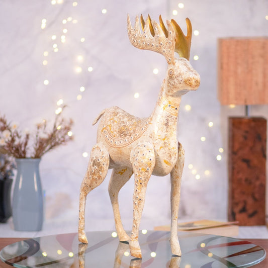 Kezevel Christmas Decoration Reindeer Statue - Artistic White and Golden Metal Deer Showpieces for Home Decor, Deer Figurine