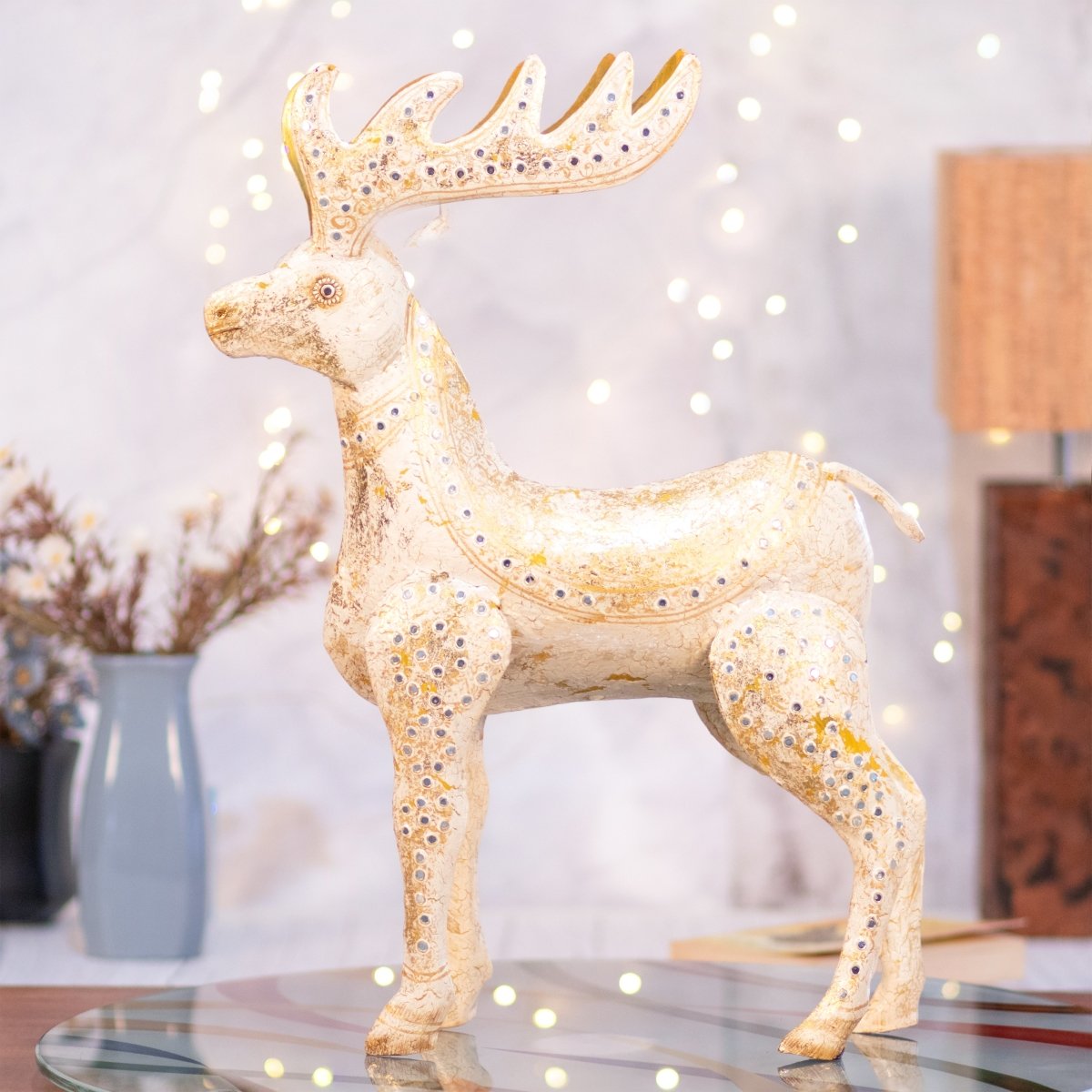 Kezevel Christmas Decoration Reindeer Statue - Artistic White and Golden Metal Deer Showpieces for Home Decor, Deer Figurine