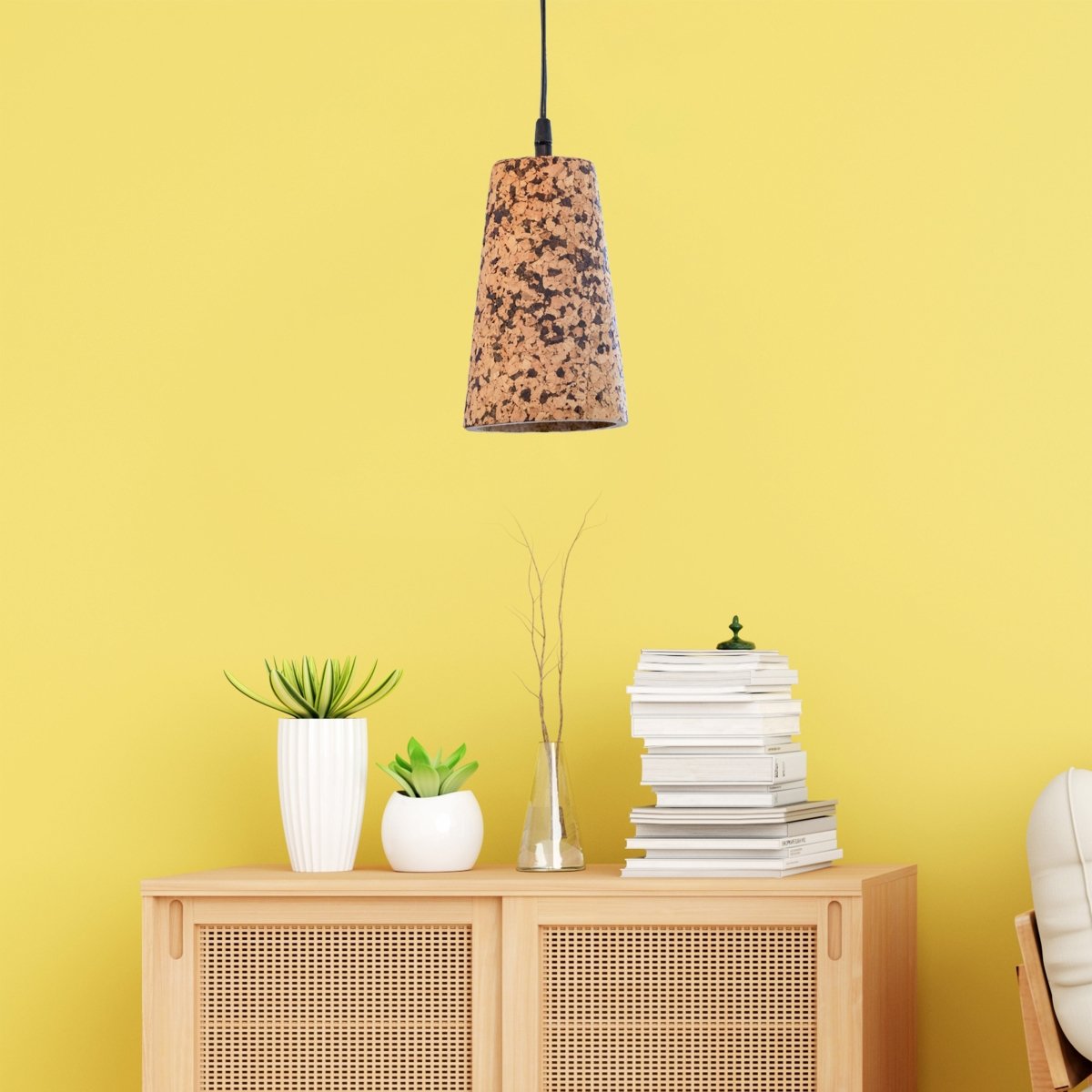 Kezevel Cork Decorative Hanging Light - Natural Cork Brown Conical Pendant Light for Living Room, Balcony, Foyer and Bedroom