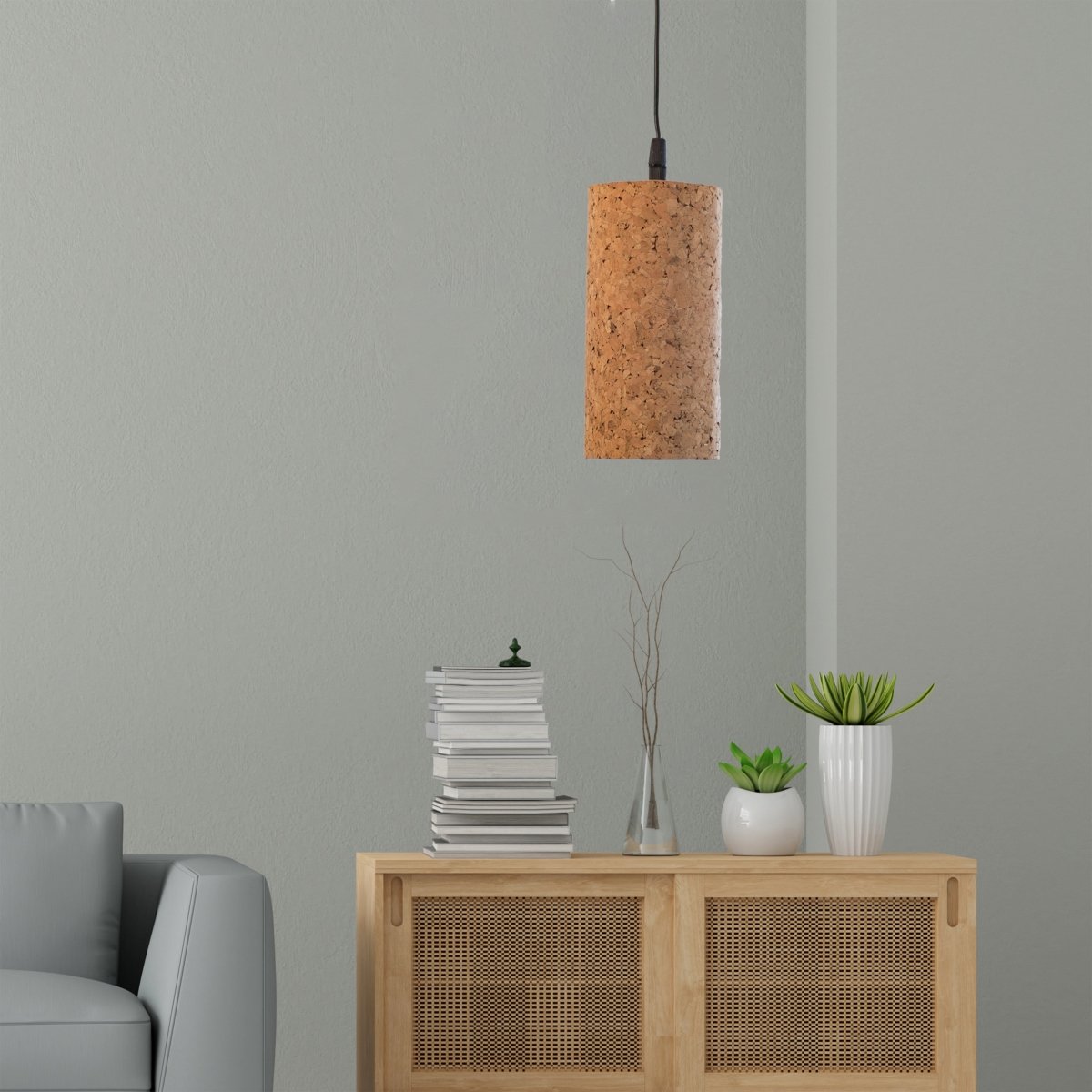 Kezevel Cork Decorative Hanging Light - Natural Cork Brown Cylindrical Pendant Light for Living Room, Balcony, Foyer Bedroom