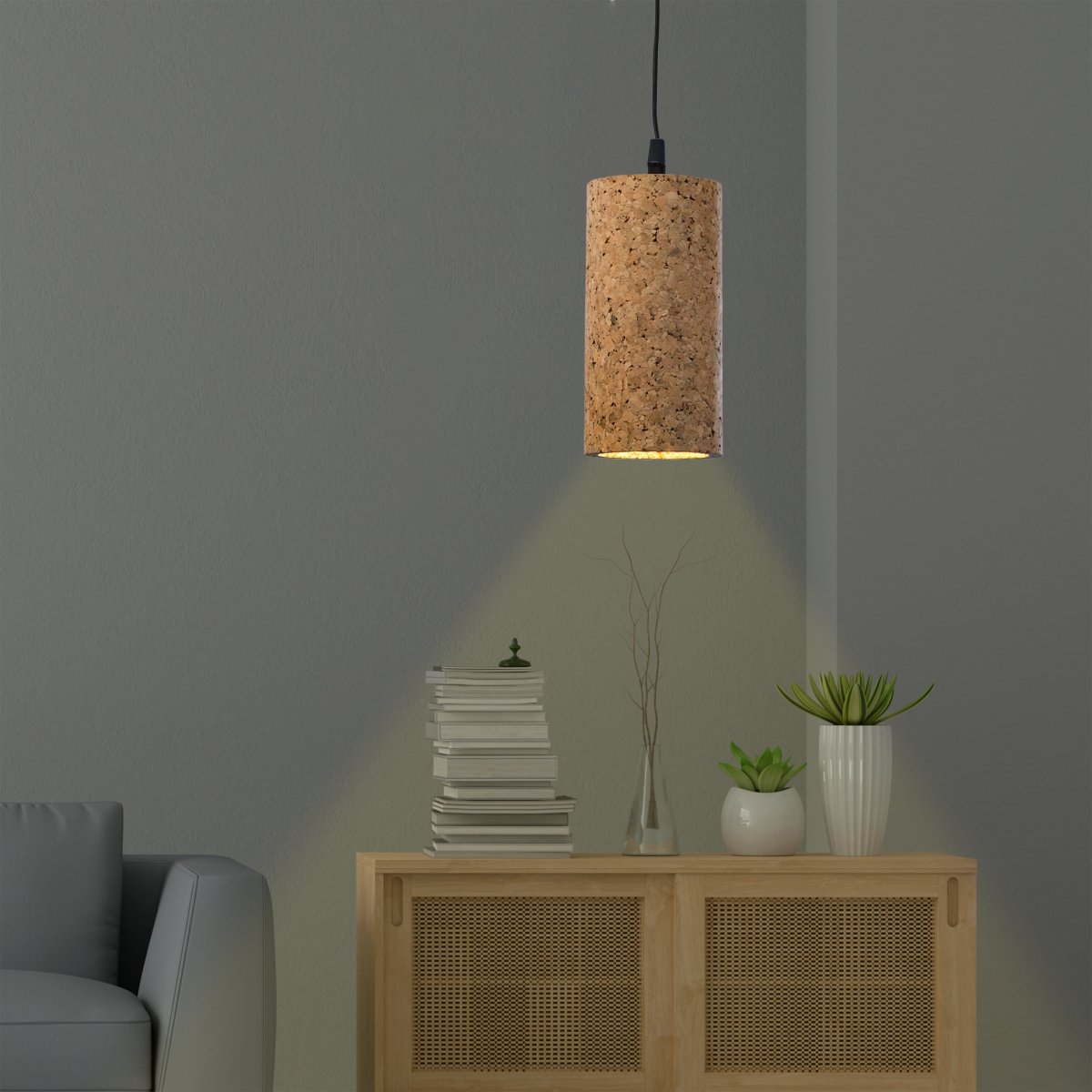 Kezevel Cork Decorative Hanging Light - Natural Cork Brown Cylindrical Pendant Light for Living Room, Balcony, Foyer Bedroom