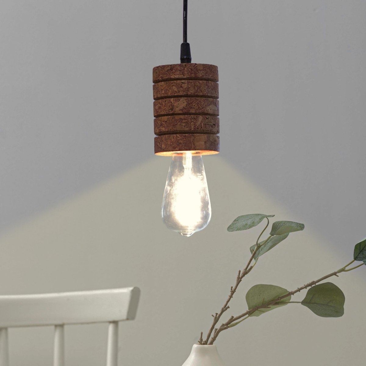 Kezevel Cork Decorative Hanging Light - Natural Cork Brown Cylindrical Ribbed Pendant Light for Living Room, Balcony, Foyer