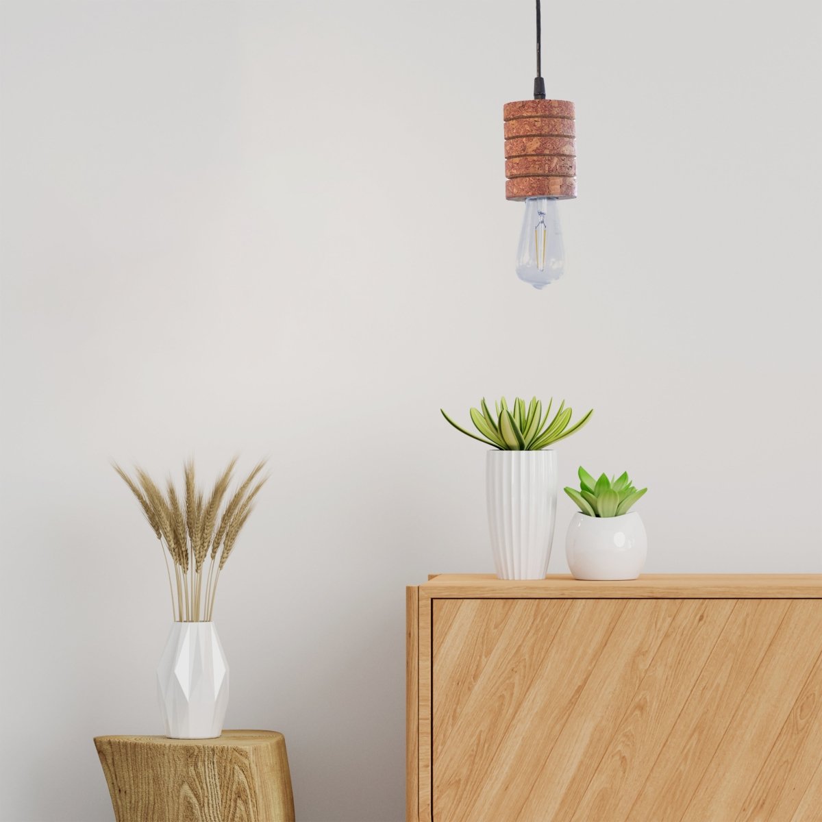 Kezevel Cork Decorative Hanging Light - Natural Cork Brown Cylindrical Ribbed Pendant Light for Living Room, Balcony, Foyer