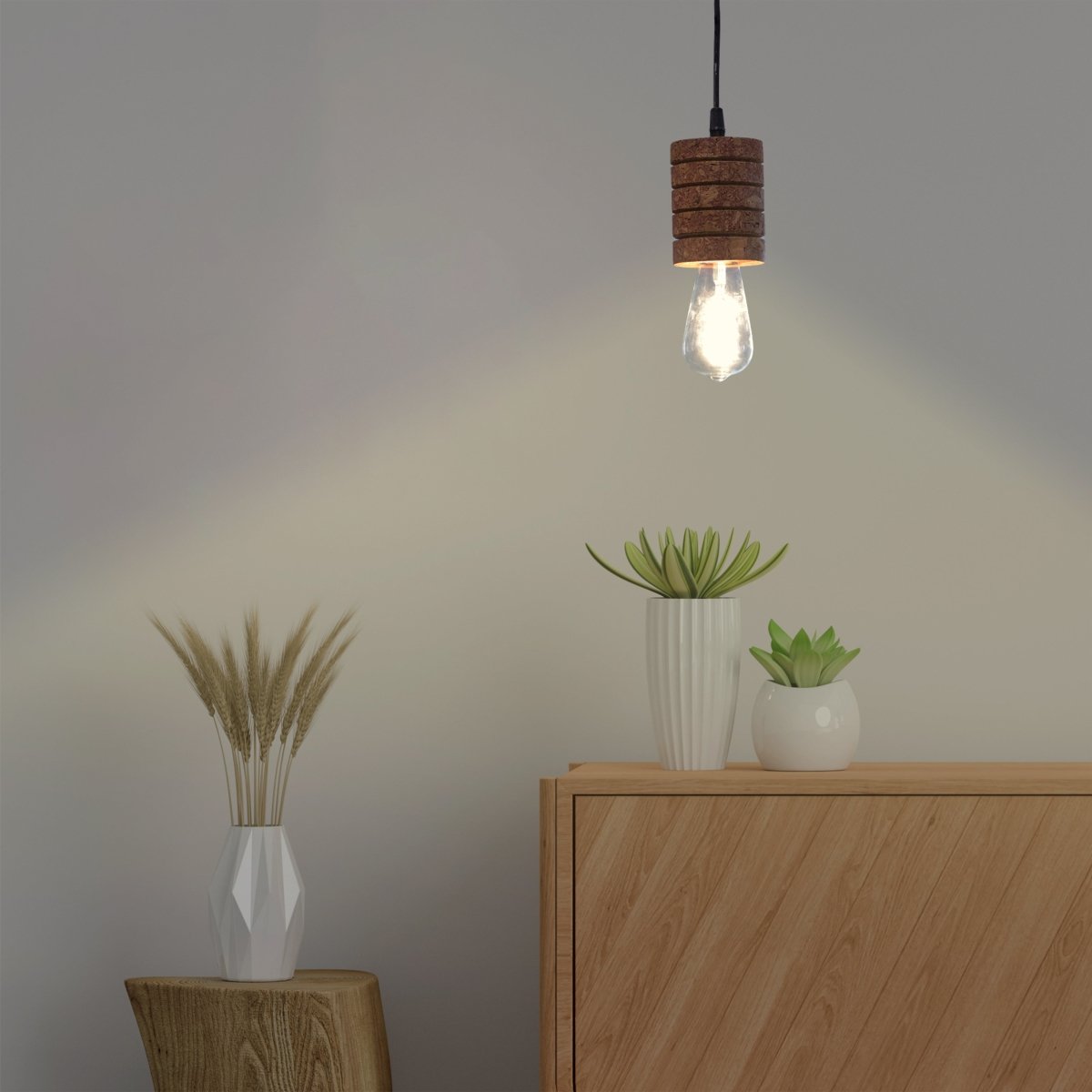 Kezevel Cork Decorative Hanging Light - Natural Cork Brown Cylindrical Ribbed Pendant Light for Living Room, Balcony, Foyer