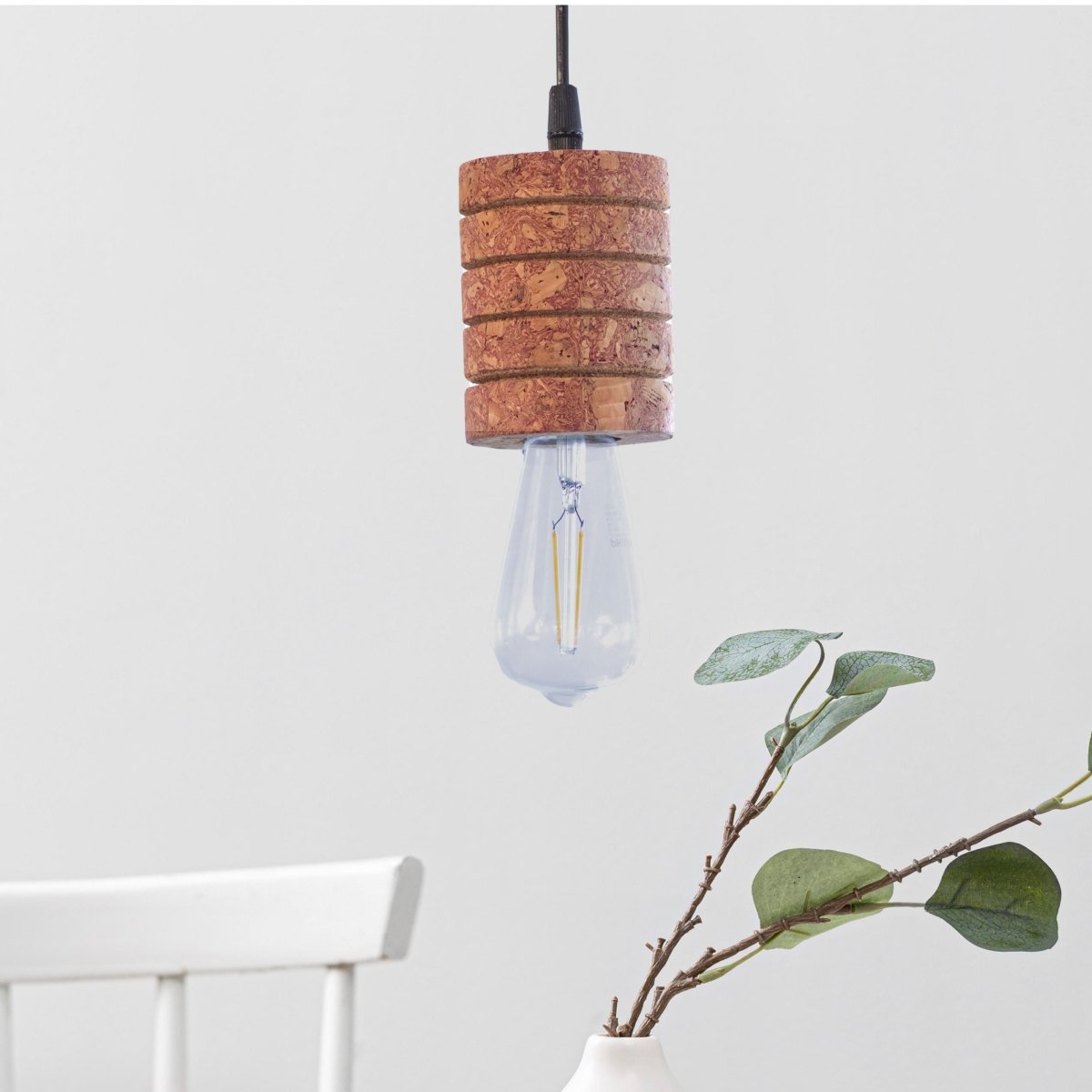 Kezevel Cork Decorative Hanging Light - Natural Cork Brown Cylindrical Ribbed Pendant Light for Living Room, Balcony, Foyer