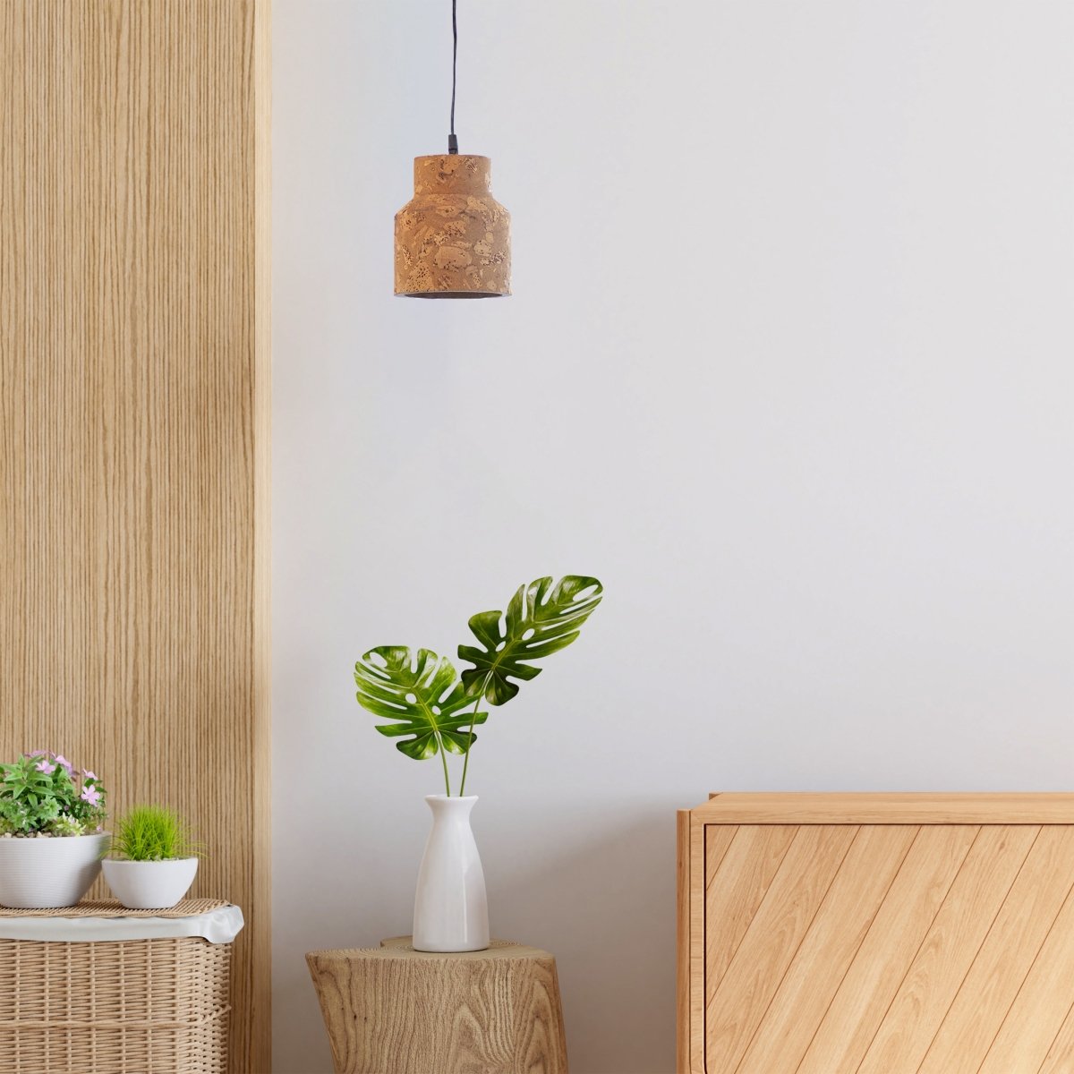Kezevel Cork Decorative Hanging Light - Natural Cork Brown Round Cylindrical Pendant Light for Living Room, Foyer, Bedroom