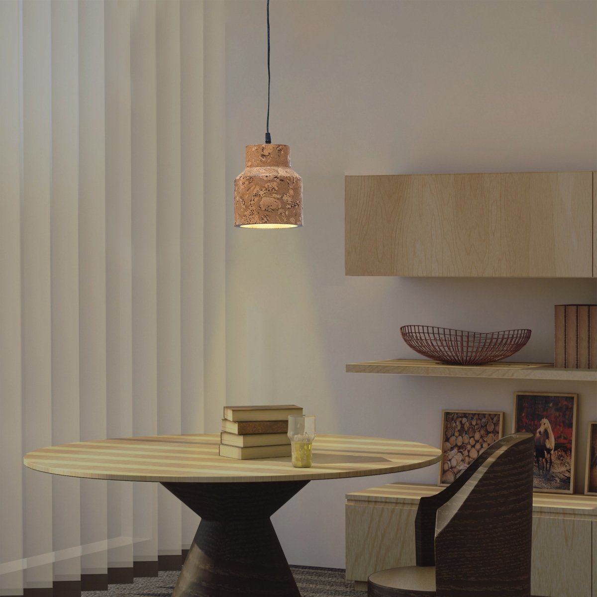Kezevel Cork Decorative Hanging Light - Natural Cork Brown Round Cylindrical Pendant Light for Living Room, Foyer, Bedroom
