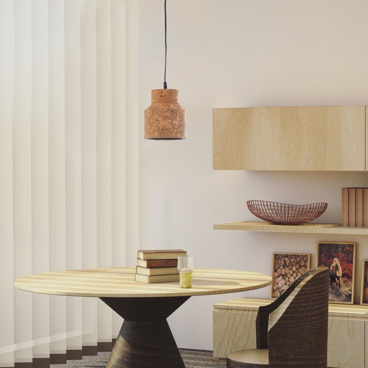Kezevel Cork Decorative Hanging Light - Natural Cork Brown Round Cylindrical Pendant Light for Living Room, Foyer, Bedroom