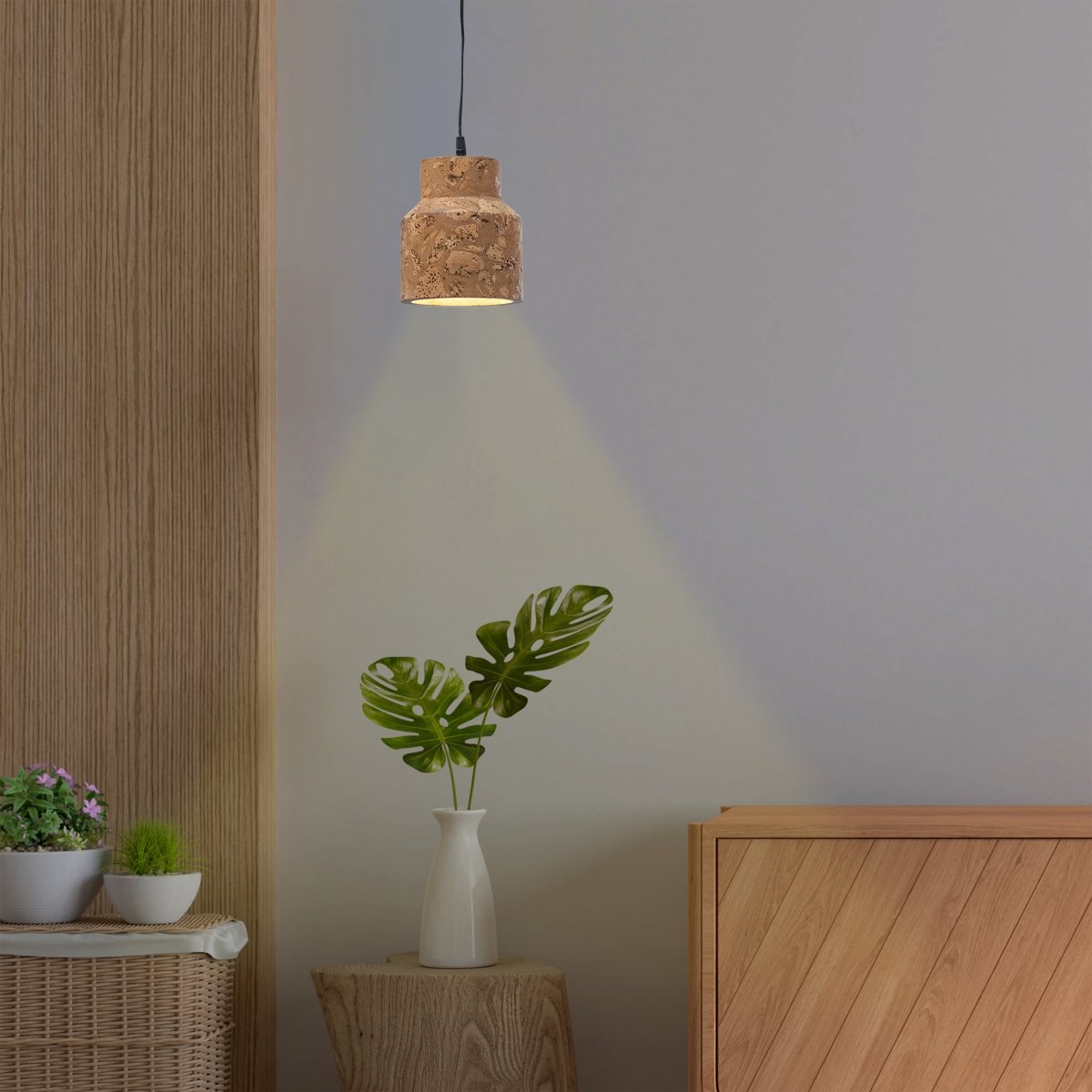 Kezevel Cork Decorative Hanging Light - Natural Cork Brown Round Cylindrical Pendant Light for Living Room, Foyer, Bedroom