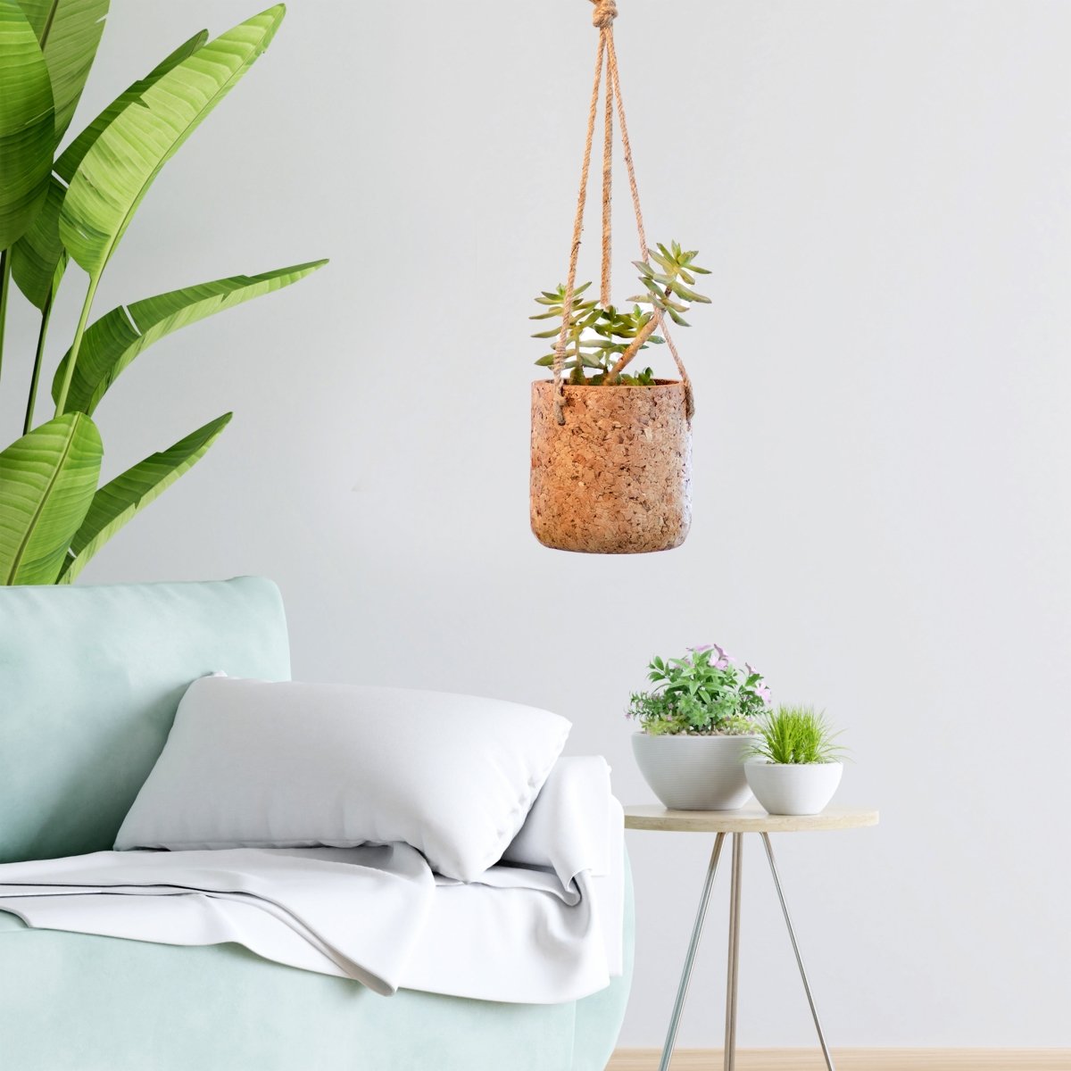 Kezevel Cork Decorative Hanging Planter - Natural Cork Cylindrical Hanging Planters Pot with Jute Twine Rope for Home Decor