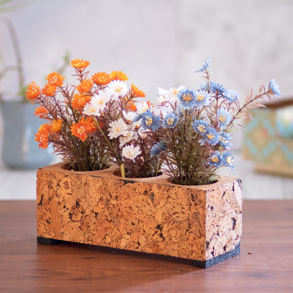 Kezevel Cork Decorative Planter - Natural Cork Brown Rectangular 3 Pot Indoor Planters for Home Decor, Table Decor