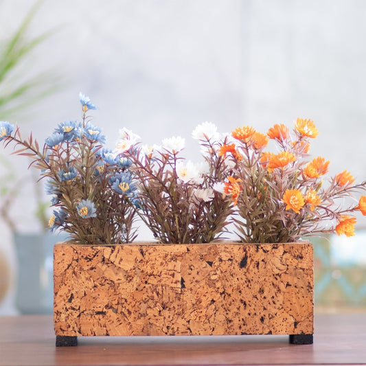 Kezevel Cork Decorative Planter - Natural Cork Brown Rectangular 3 Pot Indoor Planters for Home Decor, Table Decor