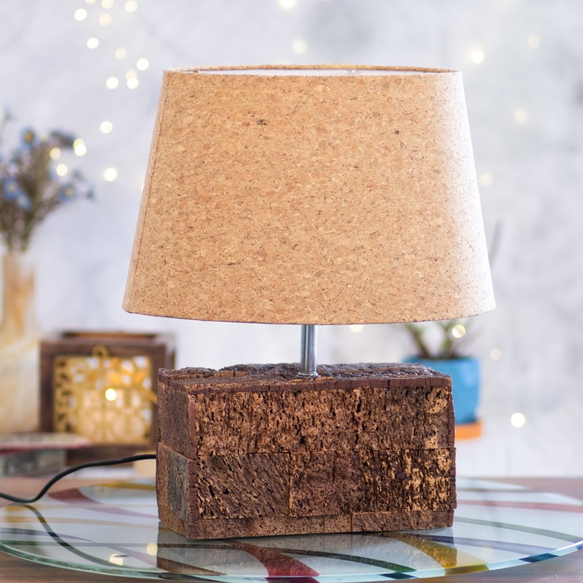 Kezevel Cork Decorative Table Lamp - Brown Conical Shade with Rectangle Base Bedside Table Lamp, Desk Lamp, Side Lamp