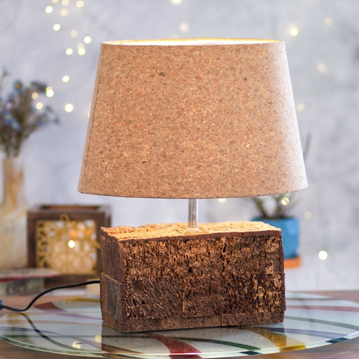 Kezevel Cork Decorative Table Lamp - Brown Conical Shade with Rectangle Base Bedside Table Lamp, Desk Lamp, Side Lamp