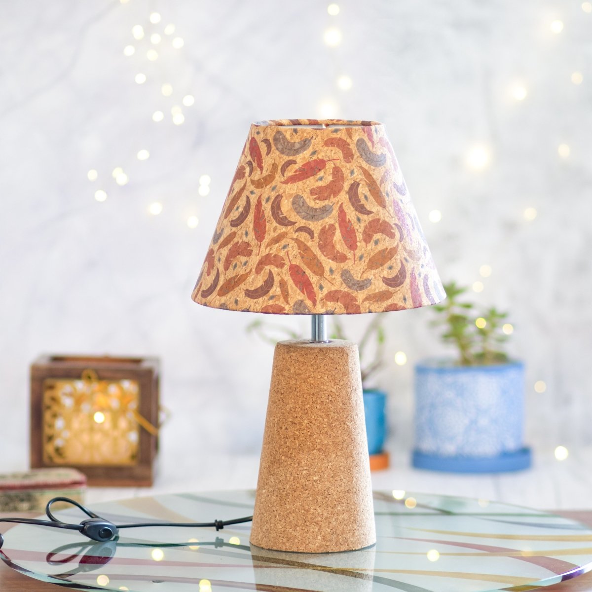 Kezevel Cork Decorative Table Lamp - Brown Multicolor Floral Leaf Print Conical Bedside Table Lamp, Desk Lamp, Side Lamp
