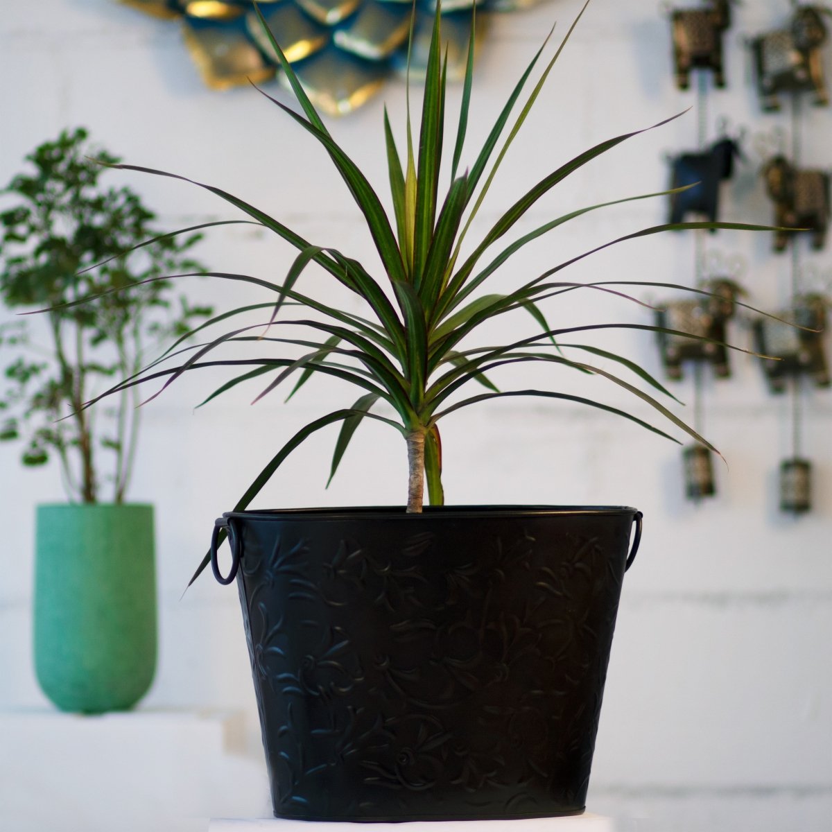 Kezevel Decorative Metal Planter - Dark Brown Indoor Planters in Embossed Floral Design, Bucket Shaped Flower Pot Home Decor