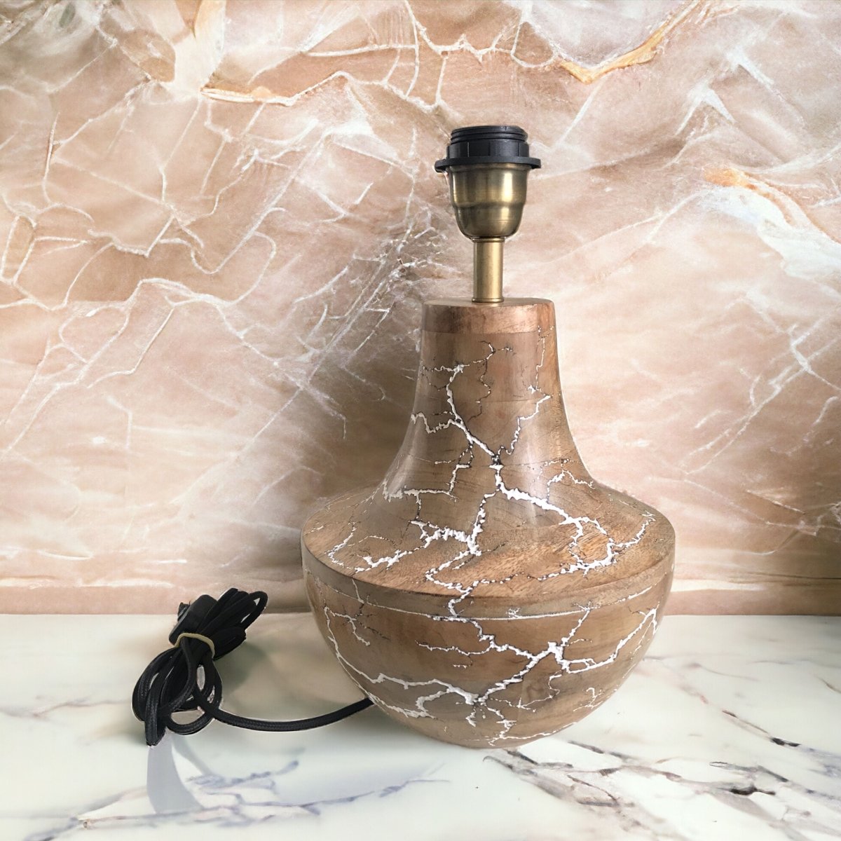 Kezevel Decorative Wooden Table Lamp - Handcrafted Natural Brown and Cracked White Patterned Side Lamp for Home Decor Living Room, Size 22X22X35 CM - Kezevel