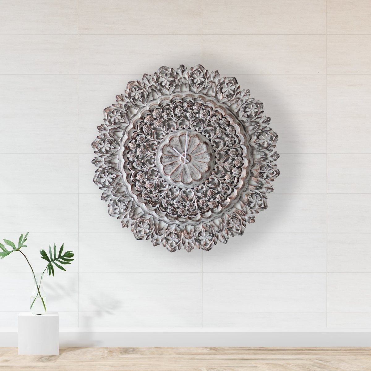 Kezevel Decorative Wooden Wall Clock - Round Brown Grey Copper Finish Handcrafted Big Wall Clock, Antique Carving Wall Clock
