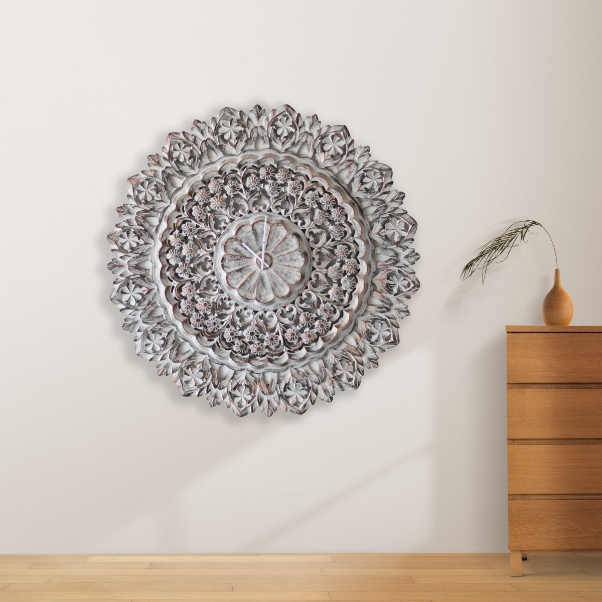 Kezevel Decorative Wooden Wall Clock - Round Brown Grey Copper Finish Handcrafted Big Wall Clock, Antique Carving Wall Clock