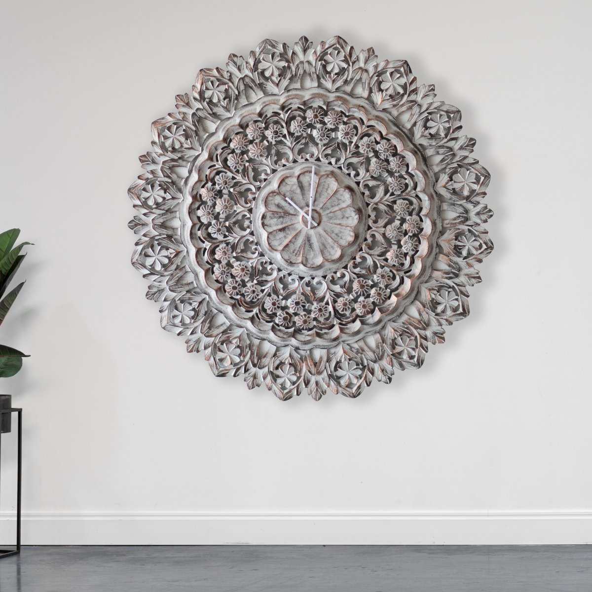 Kezevel Decorative Wooden Wall Clock - Round Brown Grey Copper Finish Handcrafted Big Wall Clock, Antique Carving Wall Clock