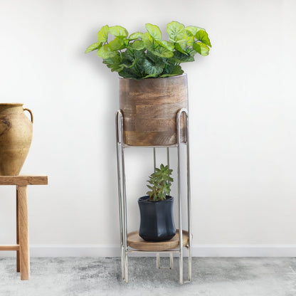 Kezevel Dual Wooden Planter - Natural Wood Indoor Planters with Nickel Finish Steel Stand, Cylindrical Flower Pot Home Decor