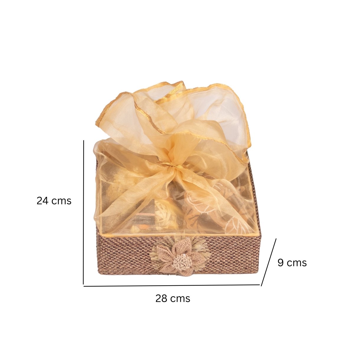 Kezevel Festive Gift Hamper - Handcrafted Metal T-Light Holder with Candle, 6 Wooden Coaster, 2 Ceramic Diya, 1 Fragranced Potpourri, Size - 28X24X9CM - Kezevel