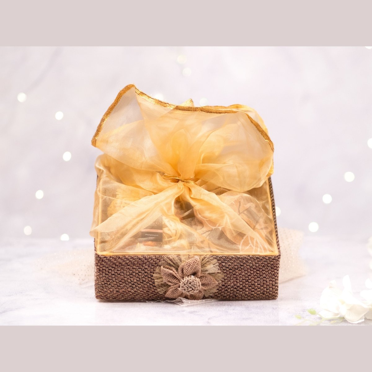 Kezevel Festive Gift Hamper - Handcrafted Metal T-Light Holder with Candle, 6 Wooden Coaster, 2 Ceramic Diya, 1 Fragranced Potpourri, Size - 28X24X9CM - Kezevel