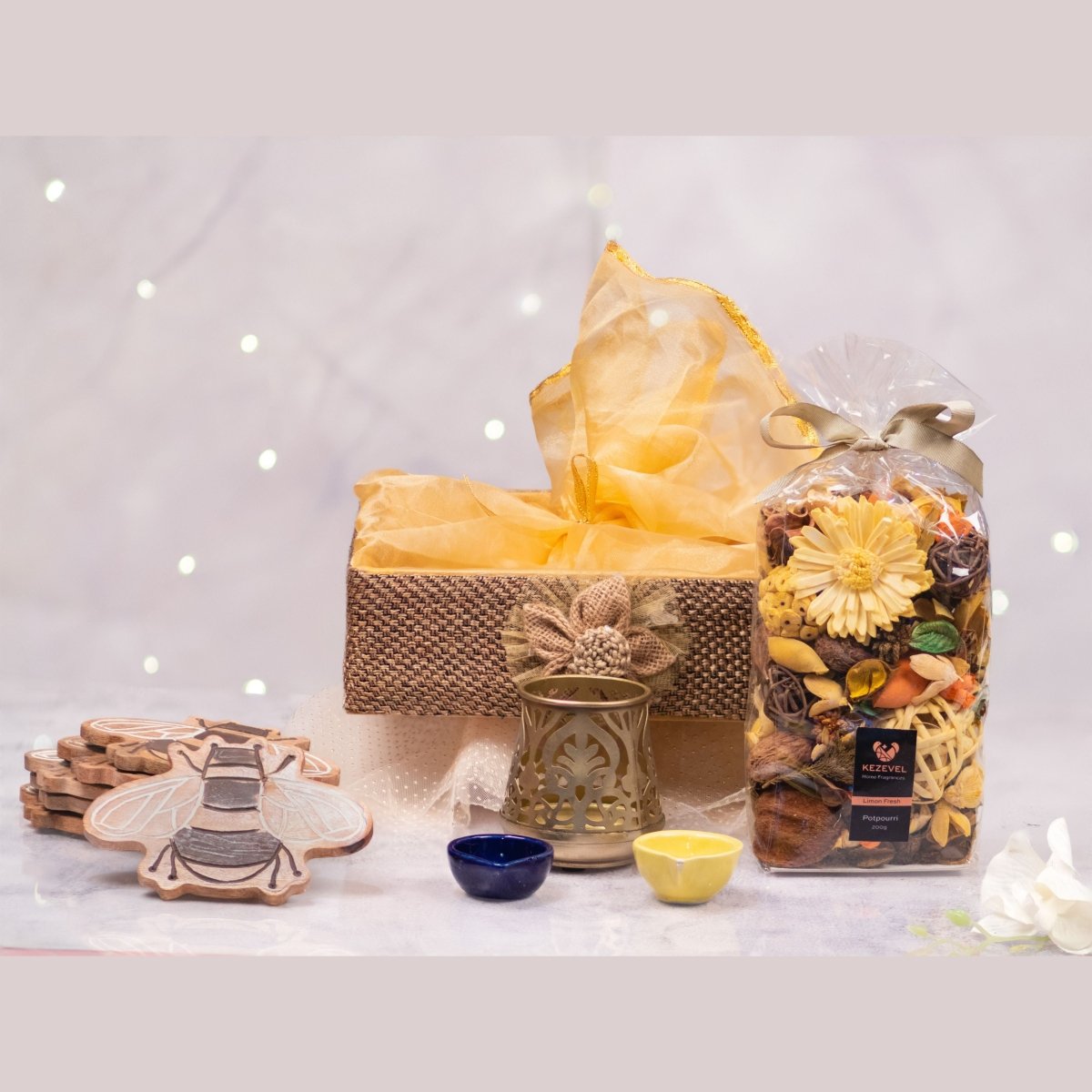 Kezevel Festive Gift Hamper - Handcrafted Metal T-Light Holder with Candle, 6 Wooden Coaster, 2 Ceramic Diya, 1 Fragranced Potpourri, Size - 28X24X9CM - Kezevel
