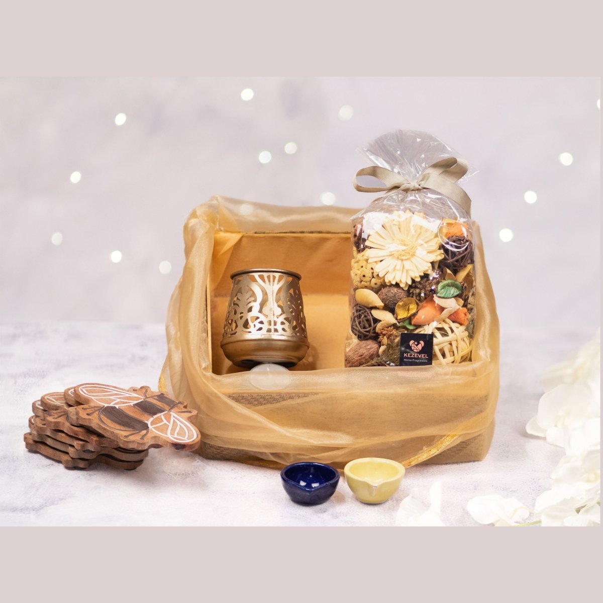 Kezevel Festive Gift Hamper - Handcrafted Metal T-Light Holder with Candle, 6 Wooden Coaster, 2 Ceramic Diya, 1 Fragranced Potpourri, Size - 28X24X9CM - Kezevel