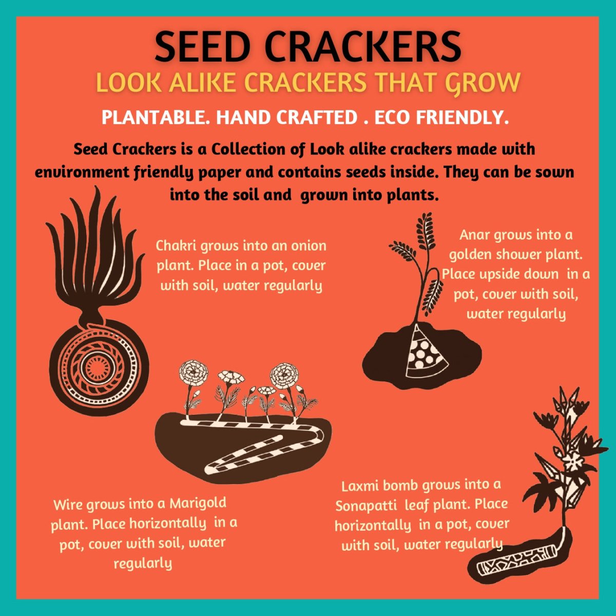 Kezevel Handcrafted Plantable Seed Cracker Gift Box - Set of 4 Seed Embedded Look Alike Crackers Grow into Plants, Beej Patakha, Size 13.6X13.6X4 CM - Kezevel