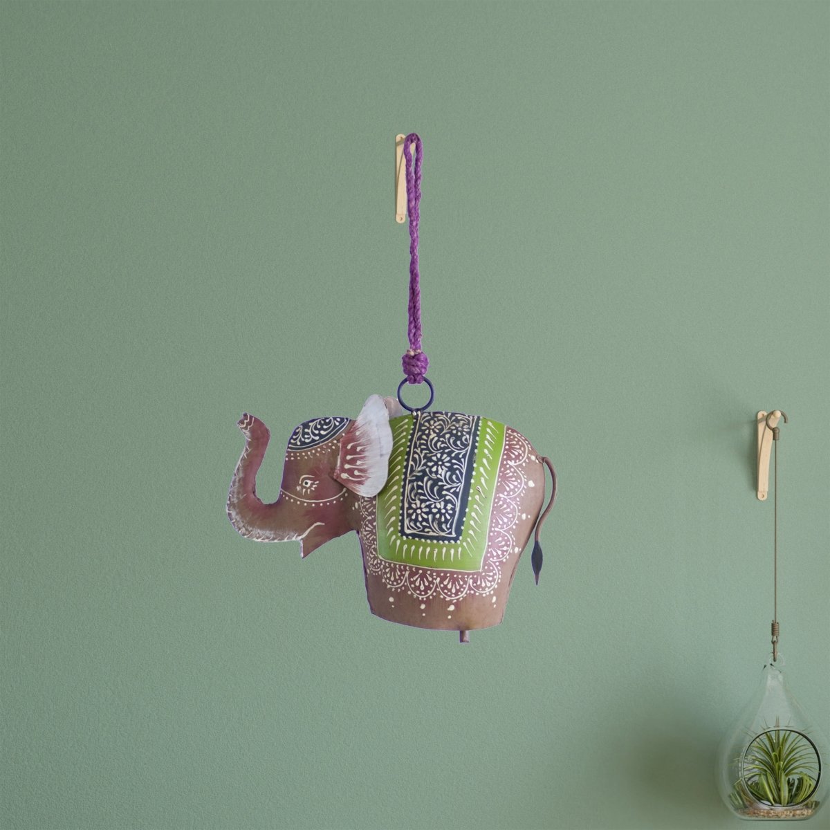 Kezevel Handmade Metal Elephant Hanging Bell - Antique Multicolour Wind Chimes with Rope for Home Garden Decor, Balcony Decor