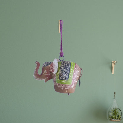 Kezevel Handmade Metal Elephant Hanging Bell - Antique Multicolour Wind Chimes with Rope for Home Garden Decor, Balcony Decor