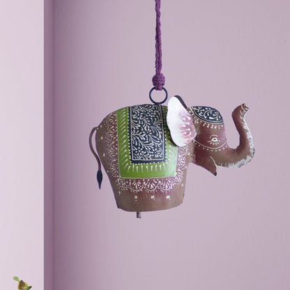 Kezevel Handmade Metal Elephant Hanging Bell - Antique Multicolour Wind Chimes with Rope for Home Garden Decor, Balcony Decor