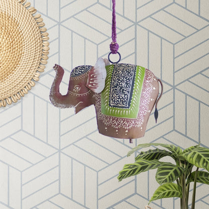 Kezevel Handmade Metal Elephant Hanging Bell - Antique Multicolour Wind Chimes with Rope for Home Garden Decor, Balcony Decor