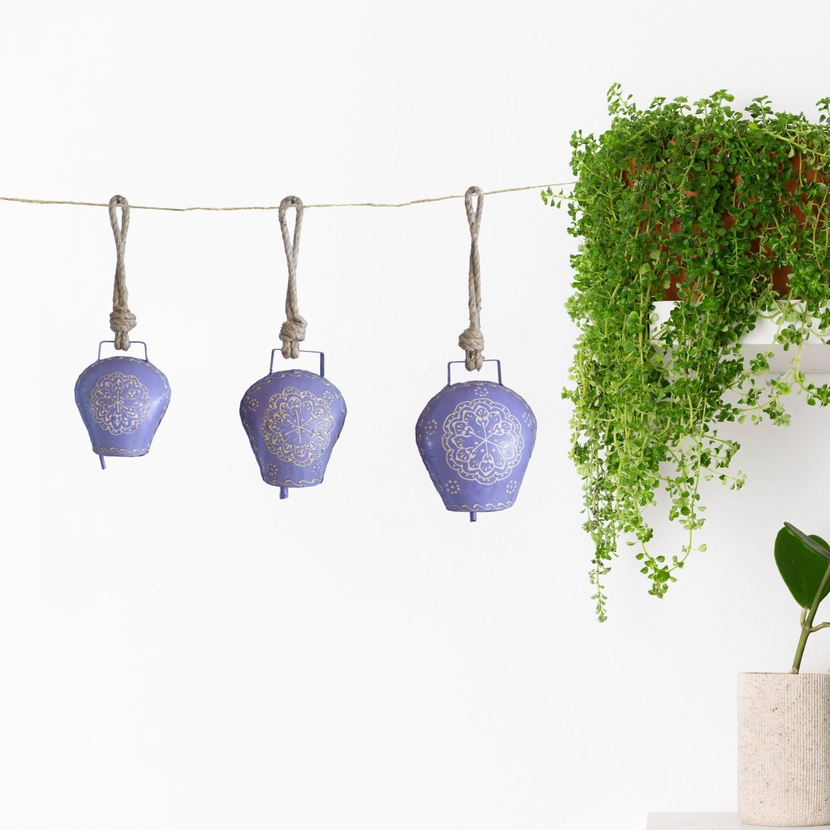 Kezevel Handmade Metal Hanging Bell - Set of 3 Light Purple White Antique Wind Chime with Rope for Home Garden Decor, Balcony