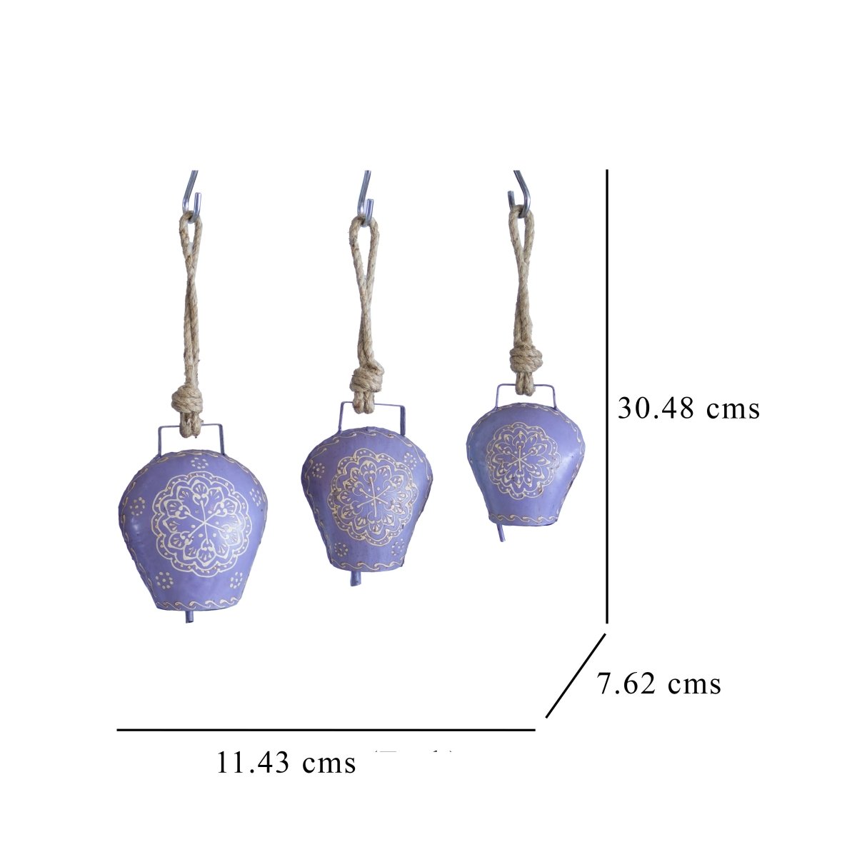 Kezevel Handmade Metal Hanging Bell - Set of 3 Light Purple White Antique Wind Chime with Rope for Home Garden Decor, Balcony