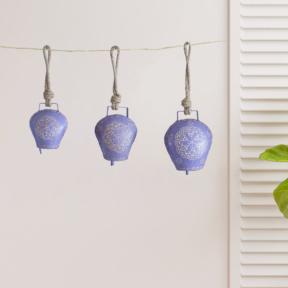 Kezevel Handmade Metal Hanging Bell - Set of 3 Light Purple White Antique Wind Chime with Rope for Home Garden Decor, Balcony