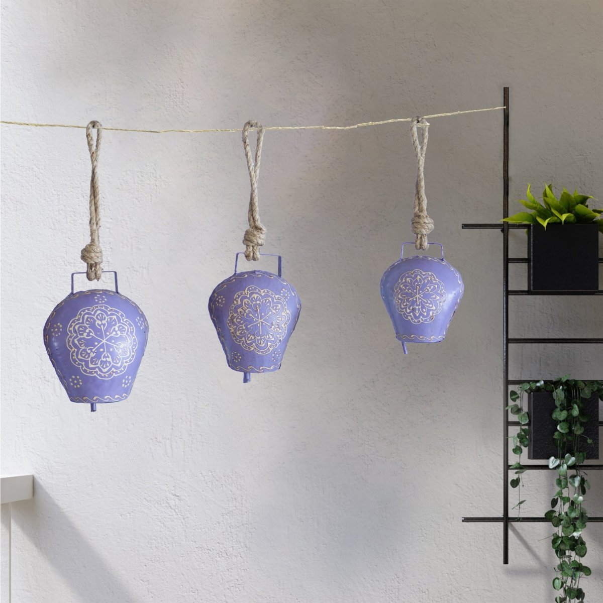 Kezevel Handmade Metal Hanging Bell - Set of 3 Light Purple White Antique Wind Chime with Rope for Home Garden Decor, Balcony