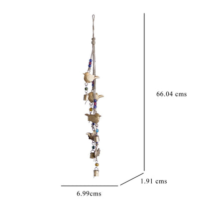 Kezevel Handmade Metal Hanging Bells - 5 Bird Antique Golden Wind Chime with Beads and Rope for Home Garden Decor, Balcony