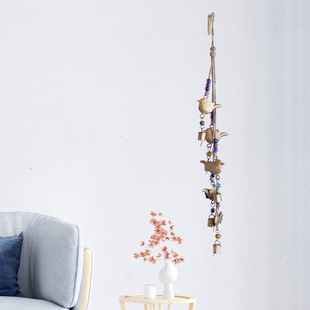 Kezevel Handmade Metal Hanging Bells - 5 Bird Antique Golden Wind Chime with Beads and Rope for Home Garden Decor, Balcony